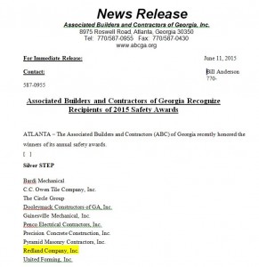 ABC GA Release Safety STEP Award 2015 Redland